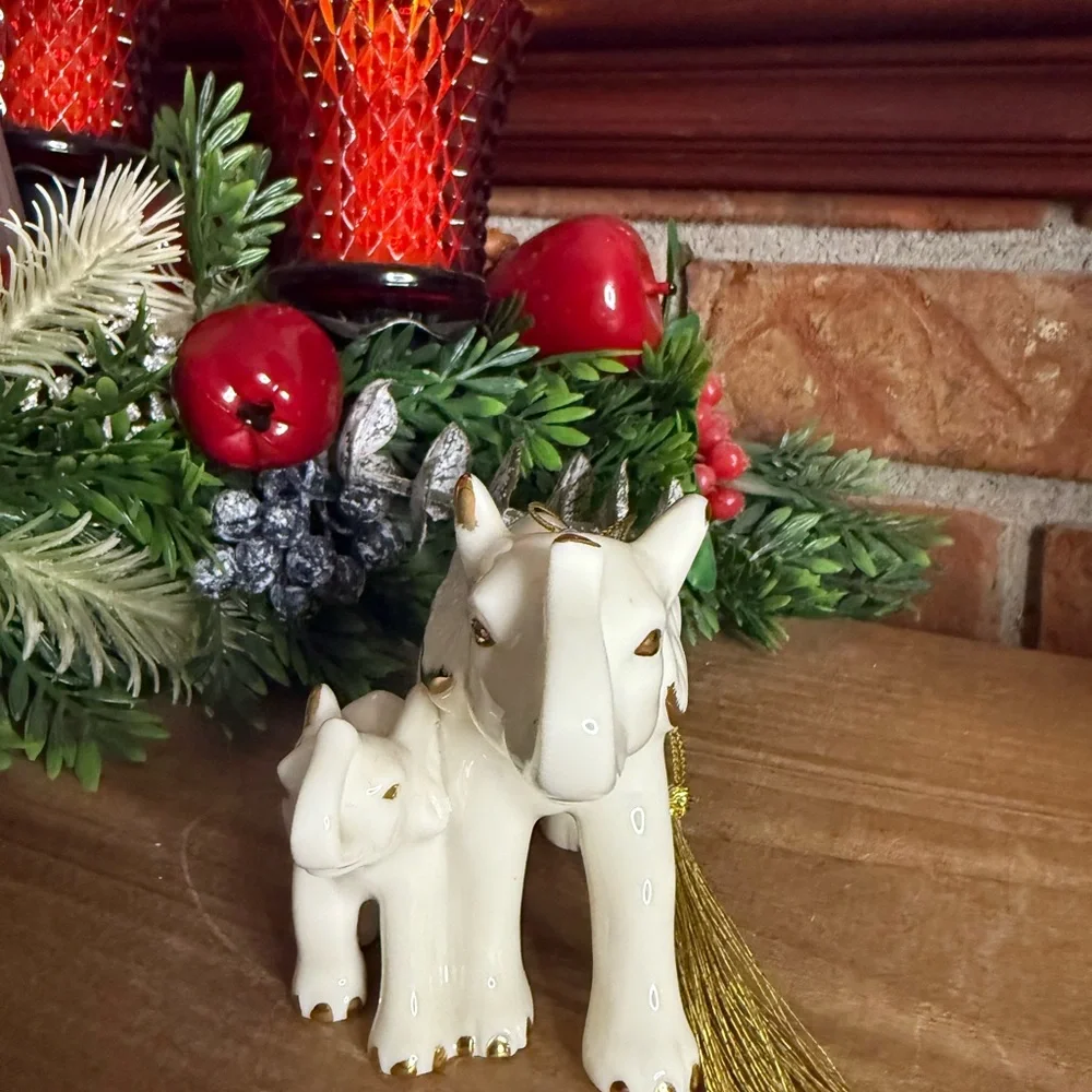 Vintage Fine Porcelain White Elephant Mom & Baby with Gold Trim Ornament